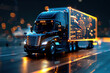 © Degimages - High-tech truck with glowing holographic data streams in blue dark background