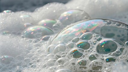 Poster - Close-up view of iridescent soap bubbles in a sudsy white foam, creating a mesmerizing display of light reflection and texture