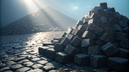 Poster - a pile of cobblestones sits on a cobblestone road, bathed in the soft light of dawn. the cobblestone