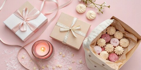Poster - A festive arrangement of presents, delicate sweets, and a flickering candle on a blush pink background.