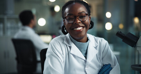 Aufkleber - Woman, scientist and lab portrait at night with smile, science research and medical study. Happy, scientific pride and healthcare professional with confidence and pharma breakthrough at job.