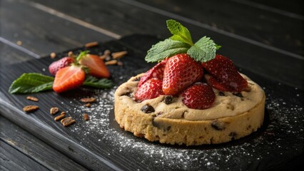 Poster - A freshly baked cake topped with a generous amount of plump strawberries and a sprig of fresh mint, dusted with powdered sugar and resting on a rustic wooden board.