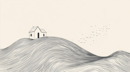 Wall Mural - vector line art of an abstract house on a hill, drawn with flowing black lines for a clean and moder