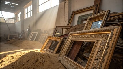 Aufkleber - A collection of ornate, gold-toned picture frames lie abandoned in a sunlit, dusty room, their intricate details hinting at past stories and forgotten beauty.