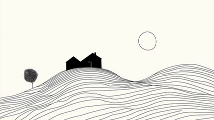 Wall Mural - vector line art of an abstract house on a hill, drawn with flowing black lines for a clean and moder