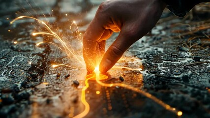 Poster - creating beautiful sparks with hand movements on a wet surface at dusk