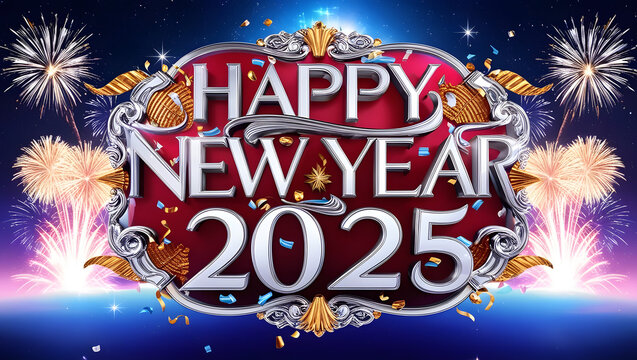 Happy New Year 2025 text illustration with ribbon and fireworks background