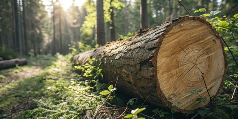 Poster - Sunlight filters through a forest canopy, illuminating a fallen tree trunk, revealing intricate growth rings and a textured bark surface.