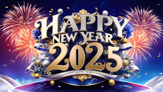Happy New Year 2025 text illustration with ribbon and fireworks background