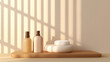 © Jessada - The perfect anti-aging routine with skincare therapies cosmetic treatments collagen rejuvenation and exercise to enhance you. Minimalist spa products on wooden tray