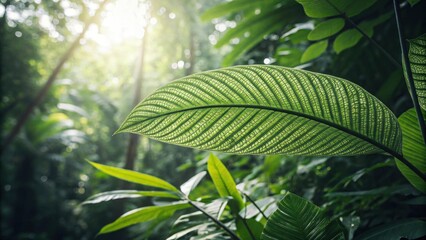 Aufkleber - A single leaf, illuminated by sunlight, stands out amongst the lush foliage of a tropical rainforest.