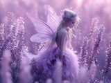 Pretty fairy wearing a flower crown walking in blooming flowers in shades of soft purple, creating an ethereal and dreamy atmosphere.