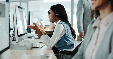 Poster - Call center, communication and speaking with woman in support office for customer service. Contact us, consulting and feedback with person talking on headset in workplace for advice or virtual help