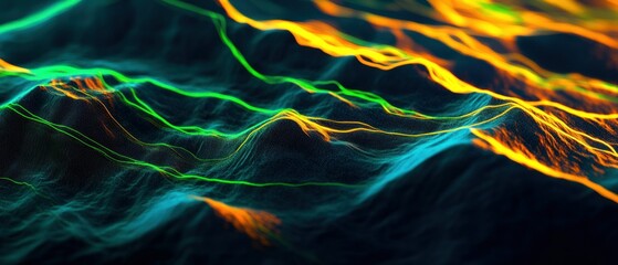 Poster - abstract pattern of glowing waves in bright neon green and yellow over black carbon background wallp