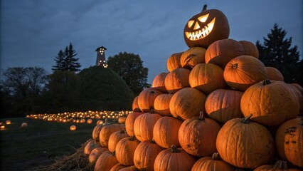 Poster - A towering pyramid of pumpkins with a glowing jack-o-lantern at its peak, lit by the soft glow of dusk, surrounded by a field of smaller pumpkins, creating a festive scene of autumnal charm.