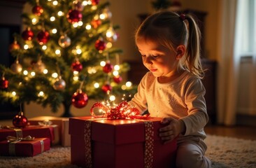 Wall Mural - little child with christmas presents against christmas tree