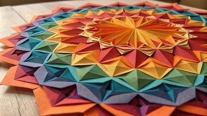 Aufkleber - A detailed, multi-colored geometric paper mandala with a mesmerizing pattern of intricate folds and overlapping triangles.