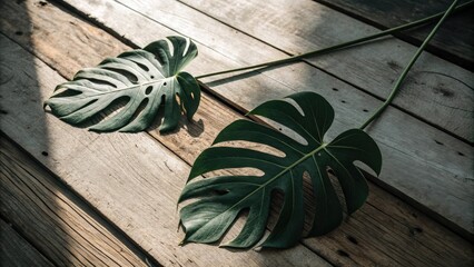 Aufkleber - Two Lush Monstera Leaves Resting on Weathered Wooden Planks, Basking in Sunlight's Embrace