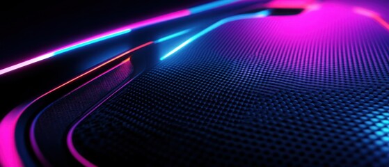 Poster - Abstract neon gaming background featuring glowing neon lines in electric blue and purple, black carbon fiber texture wallpaper AI generated image