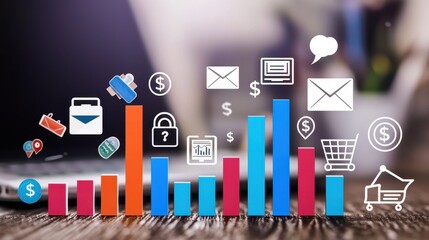 Poster - A vibrant bar graph with various icons representing finance, communication, and security, reflecting data trends and digital interactions.