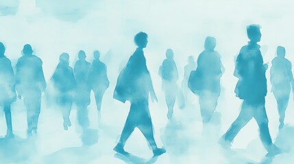Poster - Watercolor Artwork of Silhouetted Figures Walking Through Misty Atmosphere in Soft Blue Tones
