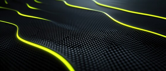 Poster - Modern high-tech gaming background with glowing yellow and green neon pattern on black carbon surface wallpaper AI generated image