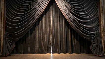 Poster - A Pair of Dark Velvet Curtains Draped Open With a Glimpse of Light Streaming Through the Center