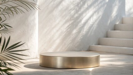Poster - A minimalist golden podium rests on a concrete floor, bathed in soft sunlight, with the shadows of palm leaves casting a gentle pattern on a white wall