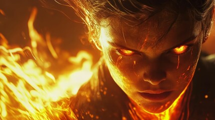 Poster - Fiery figure, intense gaze, burning skin.