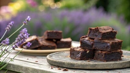 Poster - A stack of fudgy brownies sits on a rustic wooden table with lavender flowers in the background.