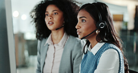 Poster - Women, call center and teamwork with customer support, training and help for computer advice. Collaboration, communication and employees with CRM service, online consulting and b2b problem solving
