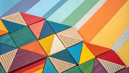 Aufkleber - A colorful arrangement of wooden triangular blocks with various textures and patterns against a striped background.