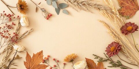 Poster - Autumnal Floral Frame with Dried Flowers and Leaves on a Beige Background