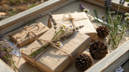 Poster - Rustic brown paper wrapped gifts adorned with delicate wildflowers and pine cones, resting on a weathered wooden surface