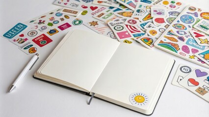 Poster - A blank notebook with a black cover, open to a blank page, lies on a white surface surrounded by colorful stickers, and a white pen is laying to the left of the notebook