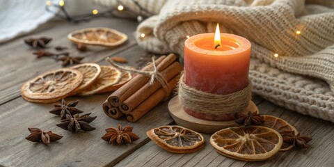 Poster - A burning candle on a wooden table with cinnamon sticks, dried citrus, and star anise, with a warm knit sweater in the background.