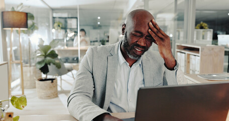 Poster - Headache, laptop and stress with business black man at desk in office for audit or tax deadline. Burnout, computer and mistake with error or fail of professional employee in workplace for reporting