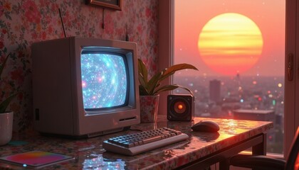 Poster - Retro computer scene with old CRT monitor, sunset view through the window, and vintage feeling