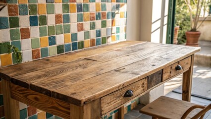 Aufkleber - Rustic wooden table with drawers against a colorful tiled wall, offering a glimpse of nature through a nearby window