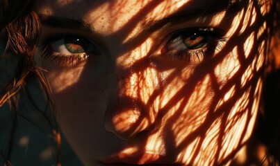 Wall Mural - Freckled face, intense gaze, patterned sunlight.