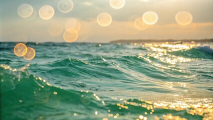 Poster - Close-up of a turquoise sea, gentle waves shimmering in the golden glow of the setting sun, with soft, blurred sunbeams creating a dreamy, atmospheric background.