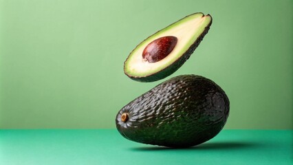 Poster - Floating avocado halves on a green background, showcasing the vibrant green color of the fruit and the brown seed within