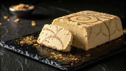 Wall Mural - A slice of creamy halva with a swirl of caramel on a black slate plate