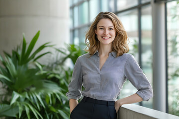 Portrait of successful young businesswoman looking at camera and smiling inside modern office building