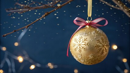 Poster - A golden Christmas ornament with snowflake designs hangs from a branch against a blue background with bokeh lights and a dusting of glitter.