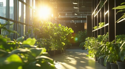 Sunlit indoor plants line a corridor.