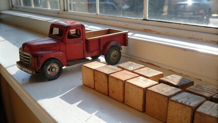 Aufkleber - A vintage red toy truck sits beside wooden blocks on a window sill, bathed in warm sunlight.