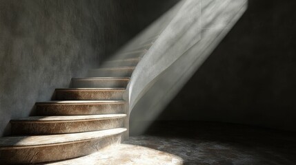 Wall Mural - Stone spiral staircase, sunlit, dark room.