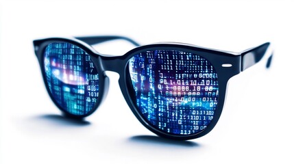 Canvas Print - Sunglasses reflecting binary code, digital technology concept.