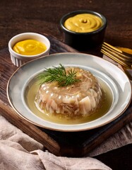 A serving of traditional Russian aspic 'kholodets' with tender jellied meat, garlic, and herbs, served with a side of spicy mustard